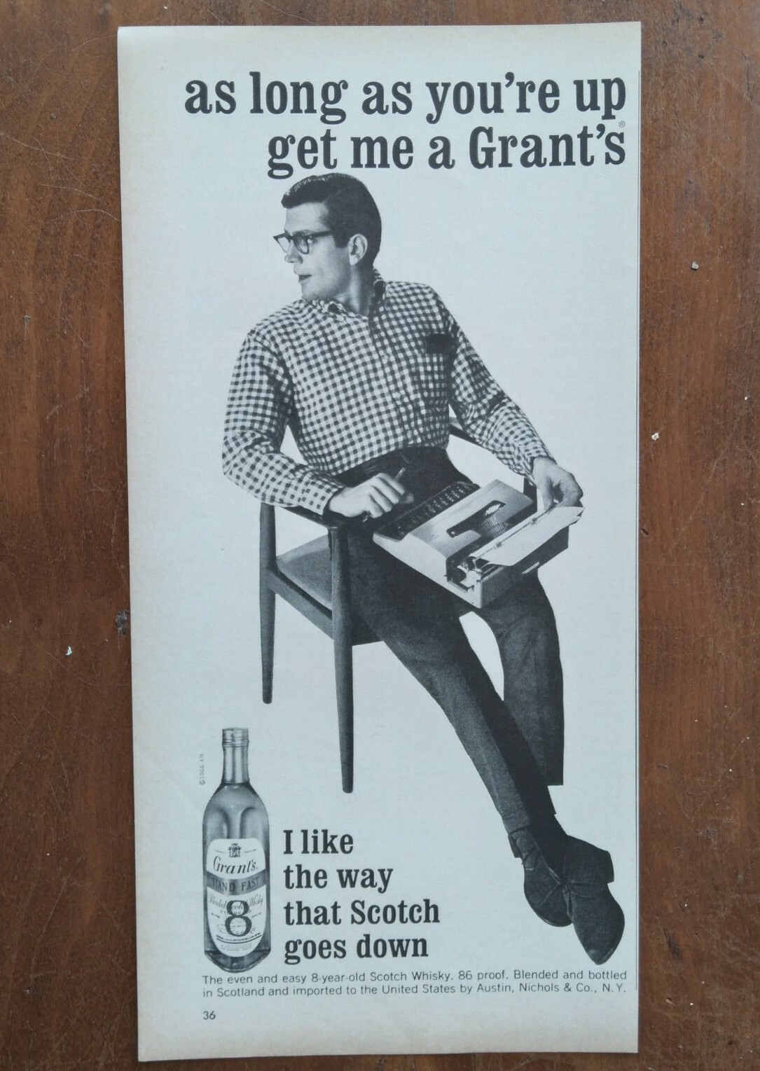 1966 Grant's Standfast Whiskey Promo Man Typing In Chair Photo Vintage Print Ad
