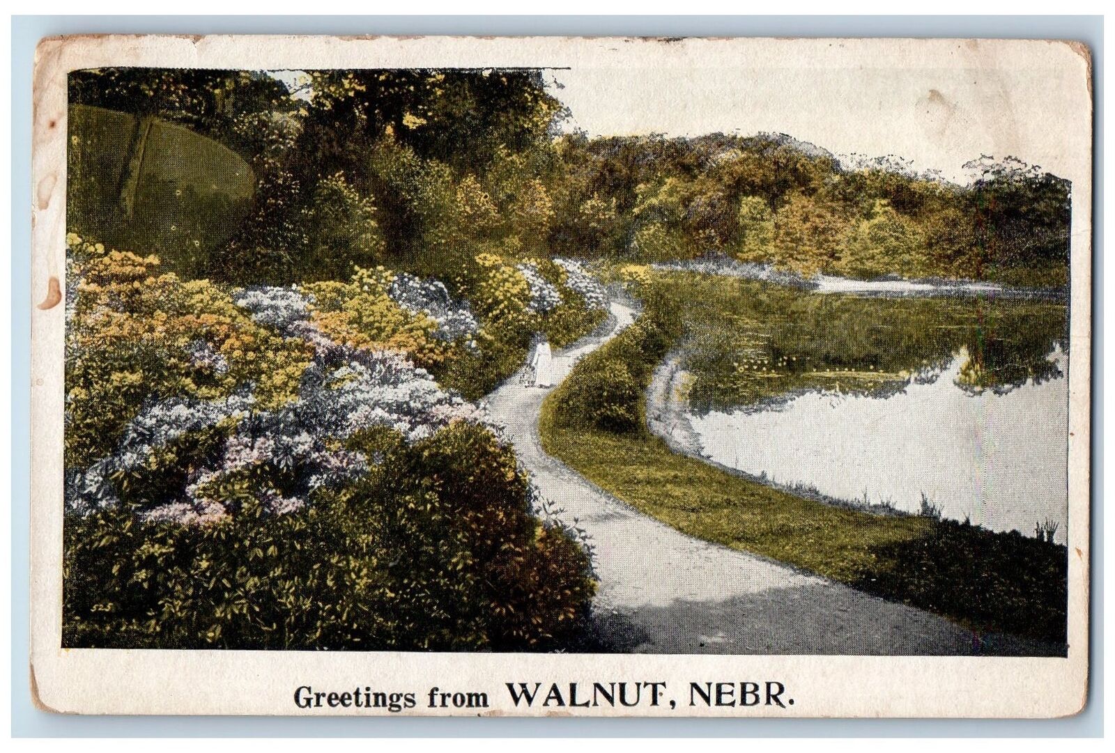 Walnut Nebraska NE Postcard Greetings Woman On Path Walk Lake Flower Scene c1920