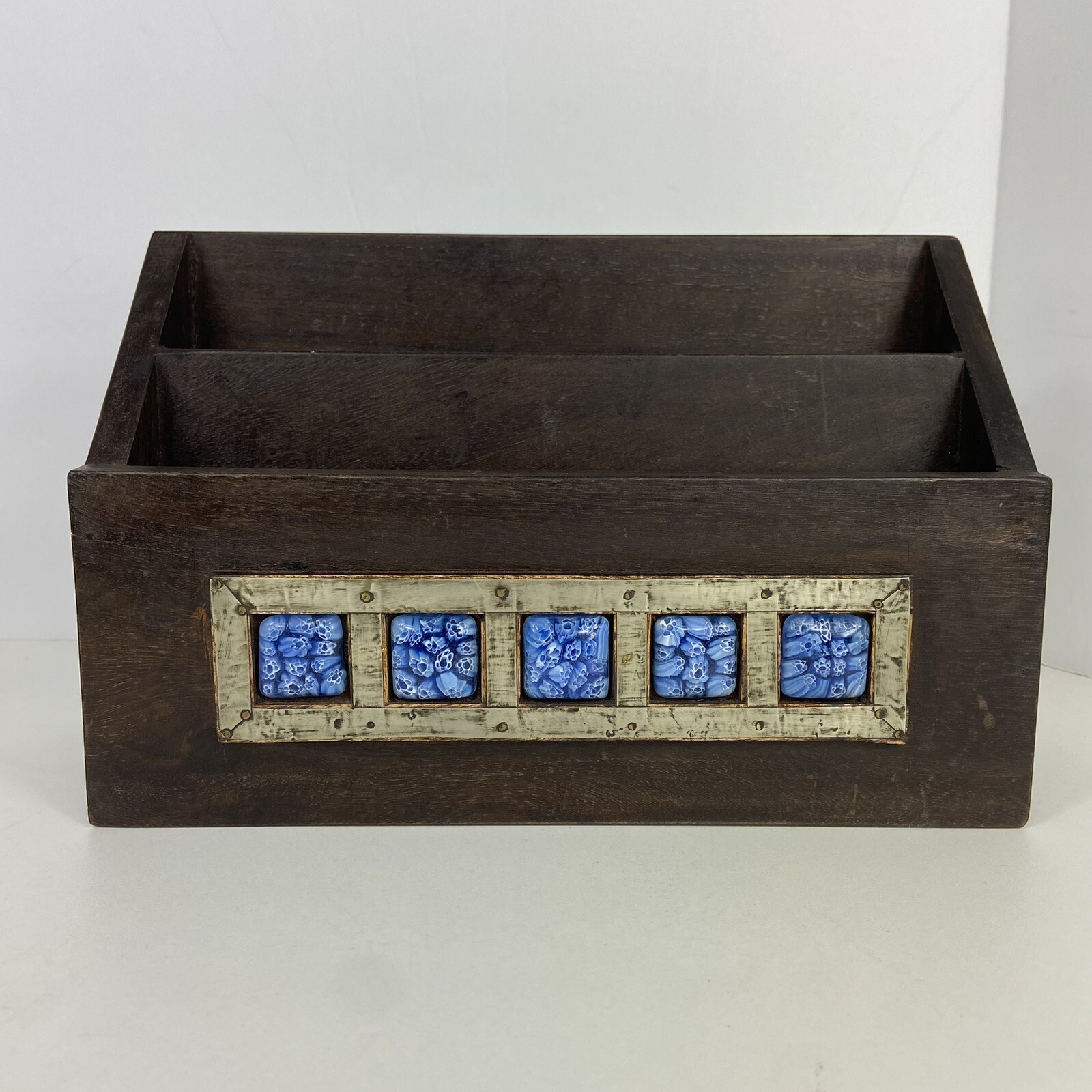 Vtg Wood & Millefiori Handmade Letter Holder Desk Organizer Magazine Metal