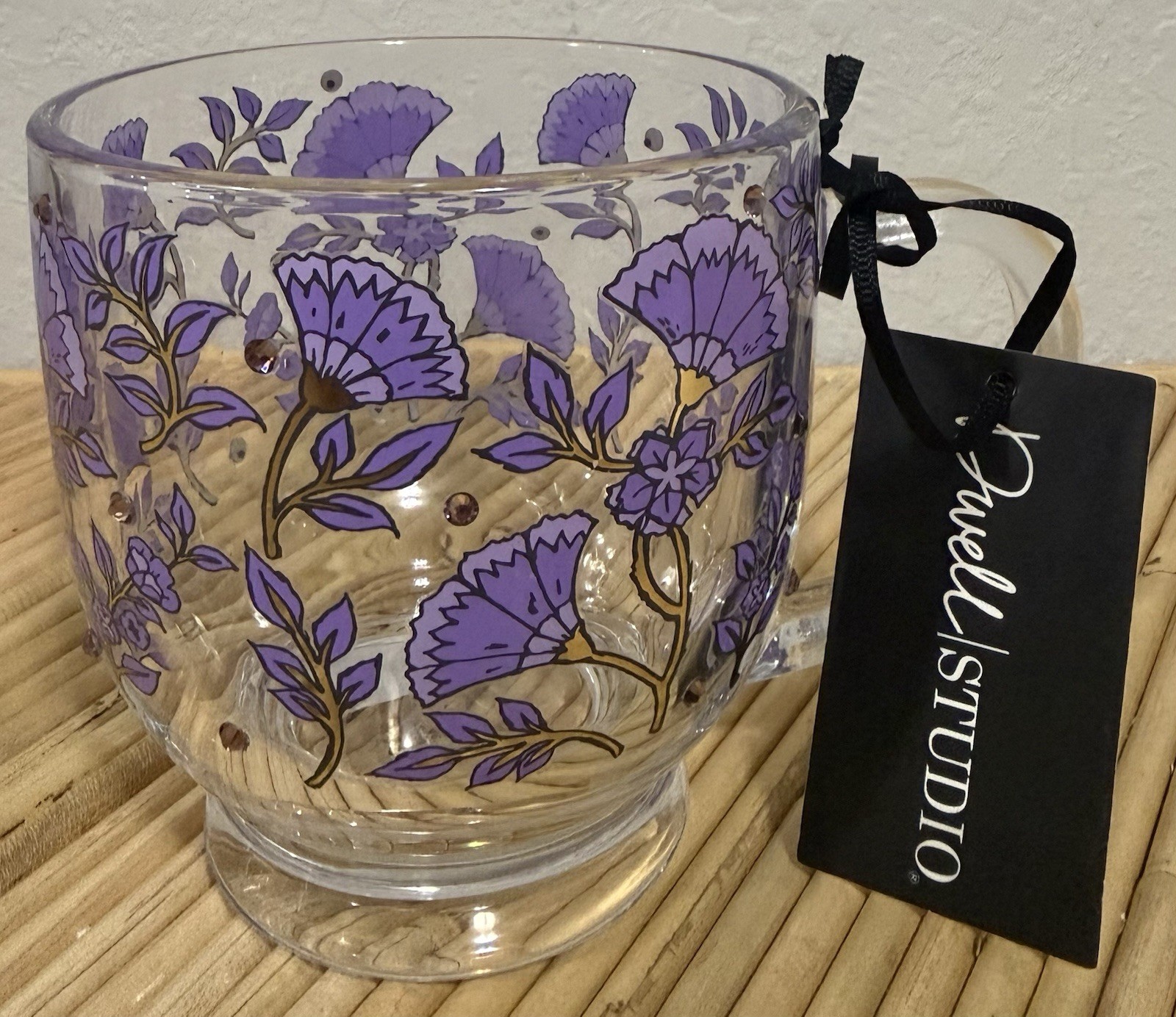 Dwell Studio Clear glass Footed Mug Purple Floral & Rhinestones