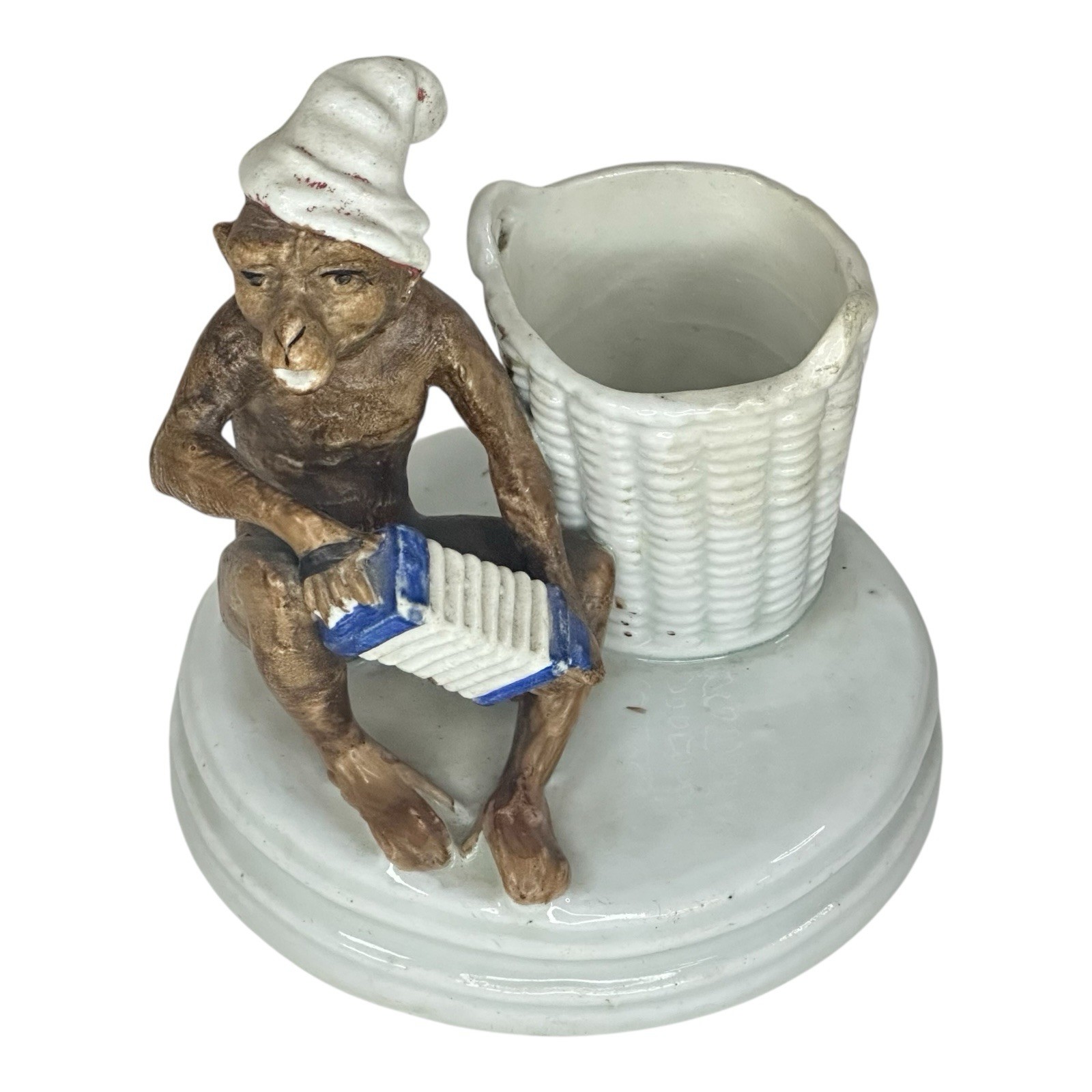 Antique French Ceramic Match Holder Monkey Playing Accordion Sarreguemines Style Antique French Ceramic Match Holder Monkey Playing Accordion Sarreguemines Style