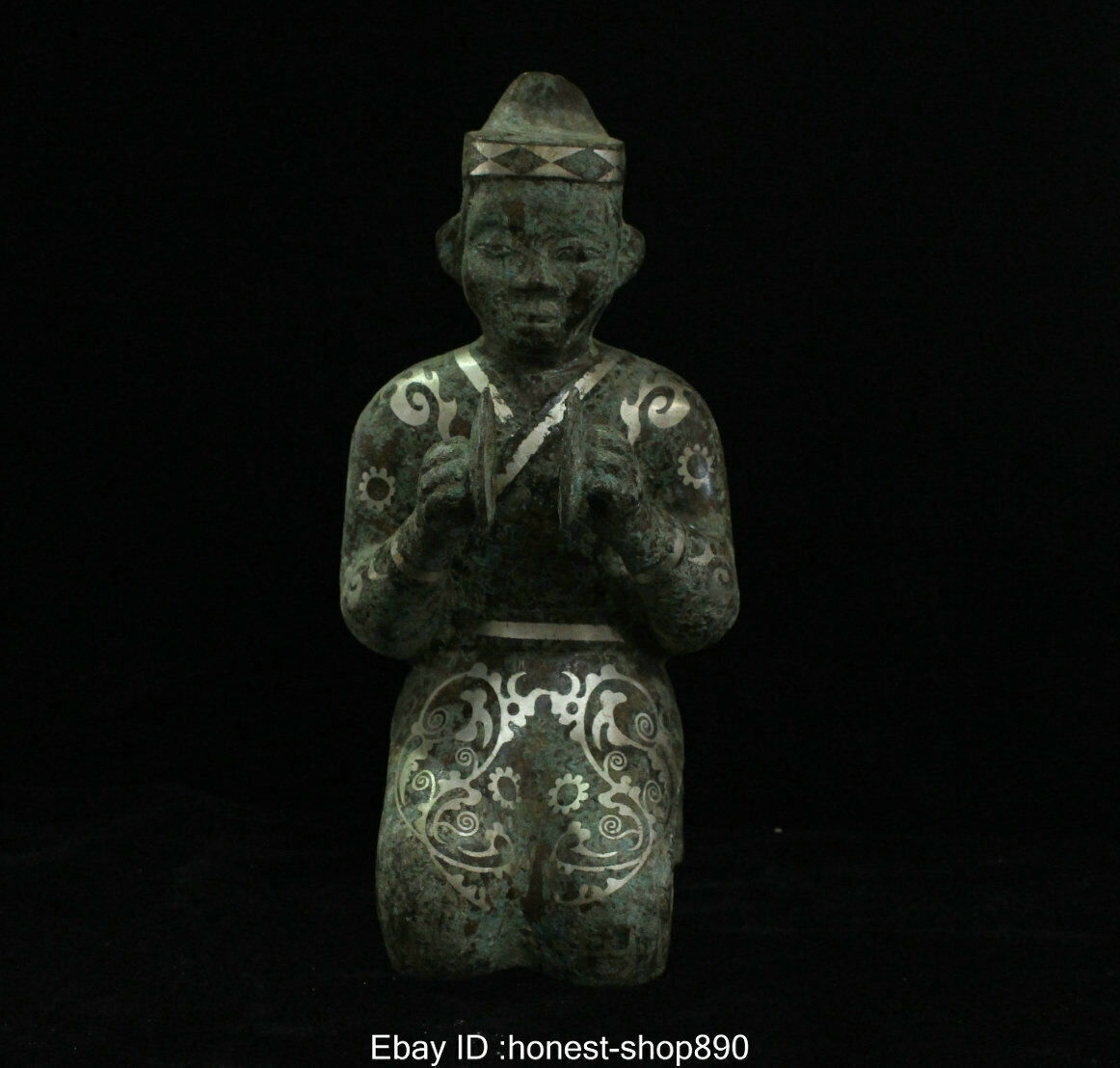Old China Chinese Antique Bronze Ware Silver Dynasty Kneel People Music Statue