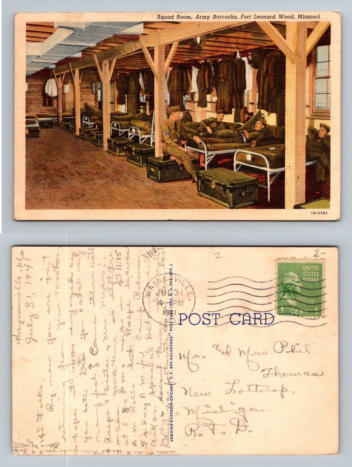 Fort Leonard Wood, MO-Missouri, Squad Room Army Barracks, Vintage c1941 Postcard