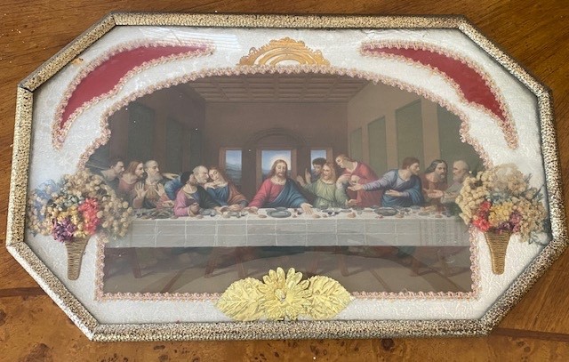 Vintage DaVinci Last Supper 3D Foil Diorama Lithograph Print Convex Bubble Glass