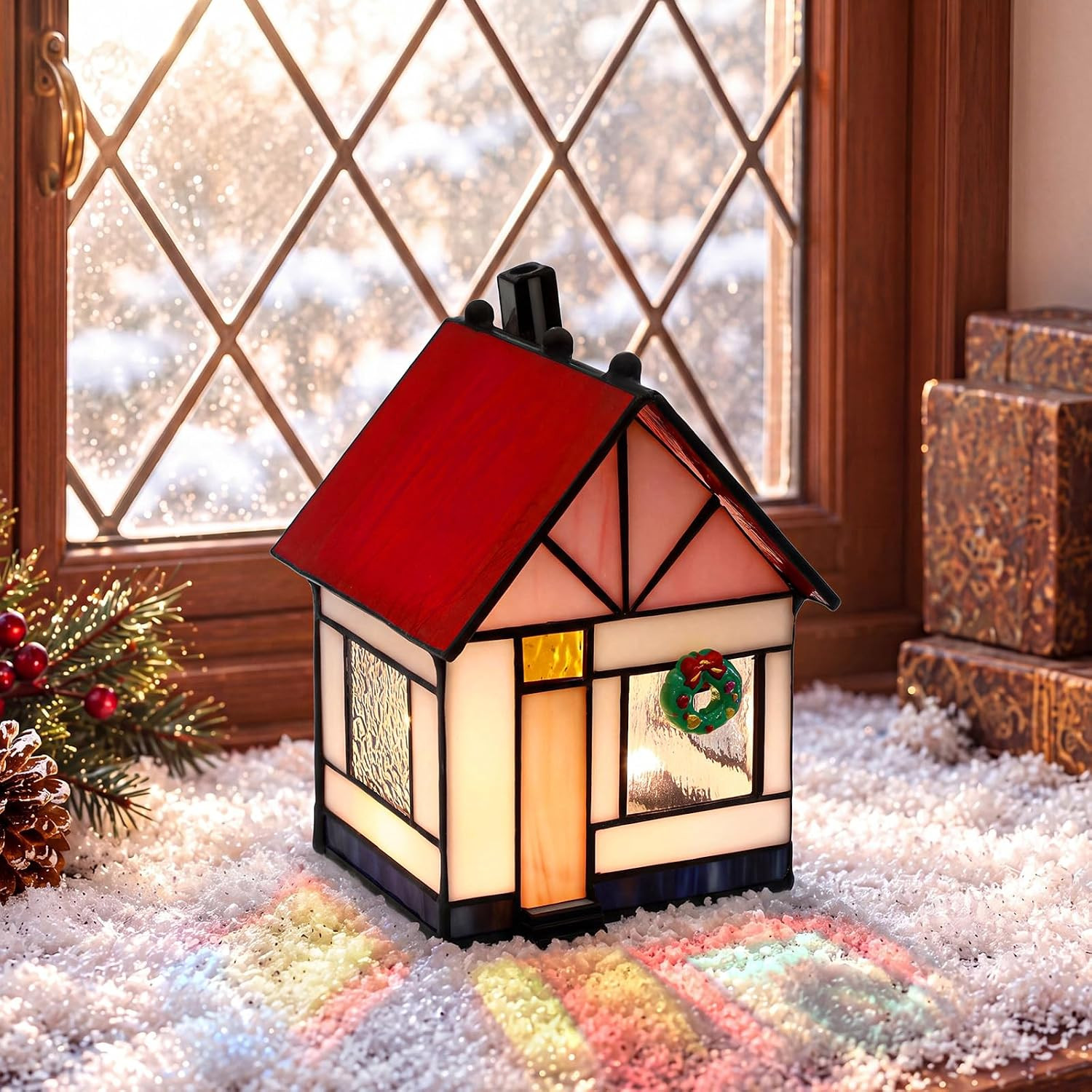Stained Glass Christmas Village Red Cottage Lighted House Holiday Tabletop Decor