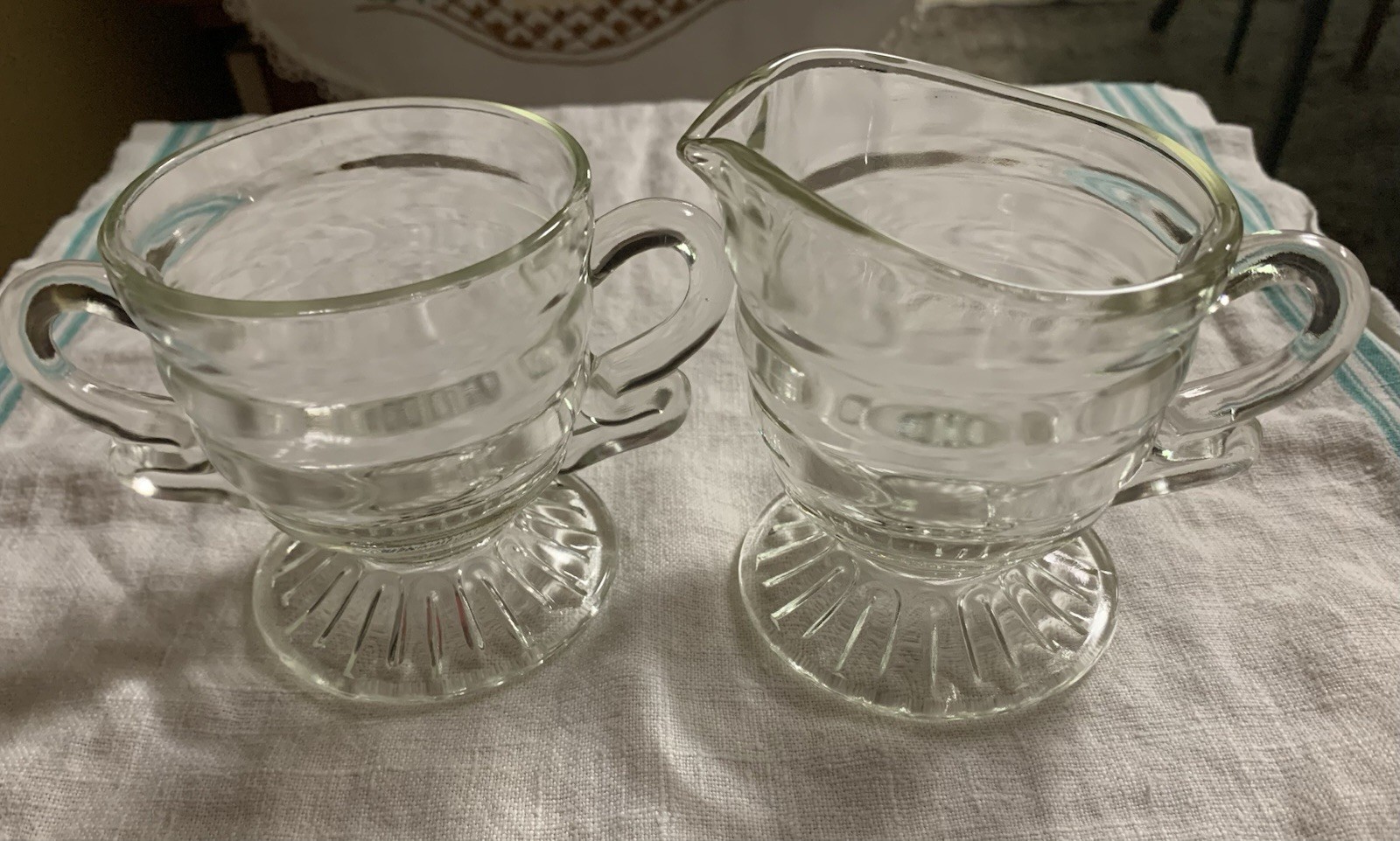 Art Deco Creamer & Sugar Set, Mid Century, Clear Pressed Glass. Very nice