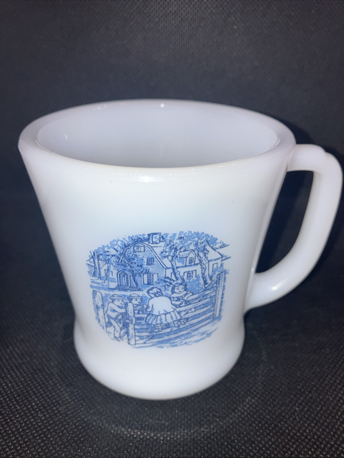 Vintage Fire King Currier and Ives Milk Glass Coffee Mug Old Farm Gate D Handle