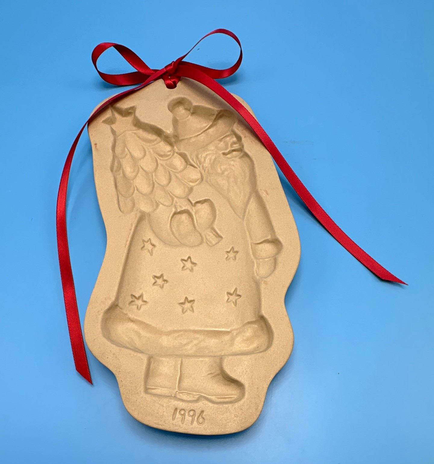 Vintage 1996 Brown Bag Cookie Art Kris Kringle Santa Stoneware Cookie Mold
