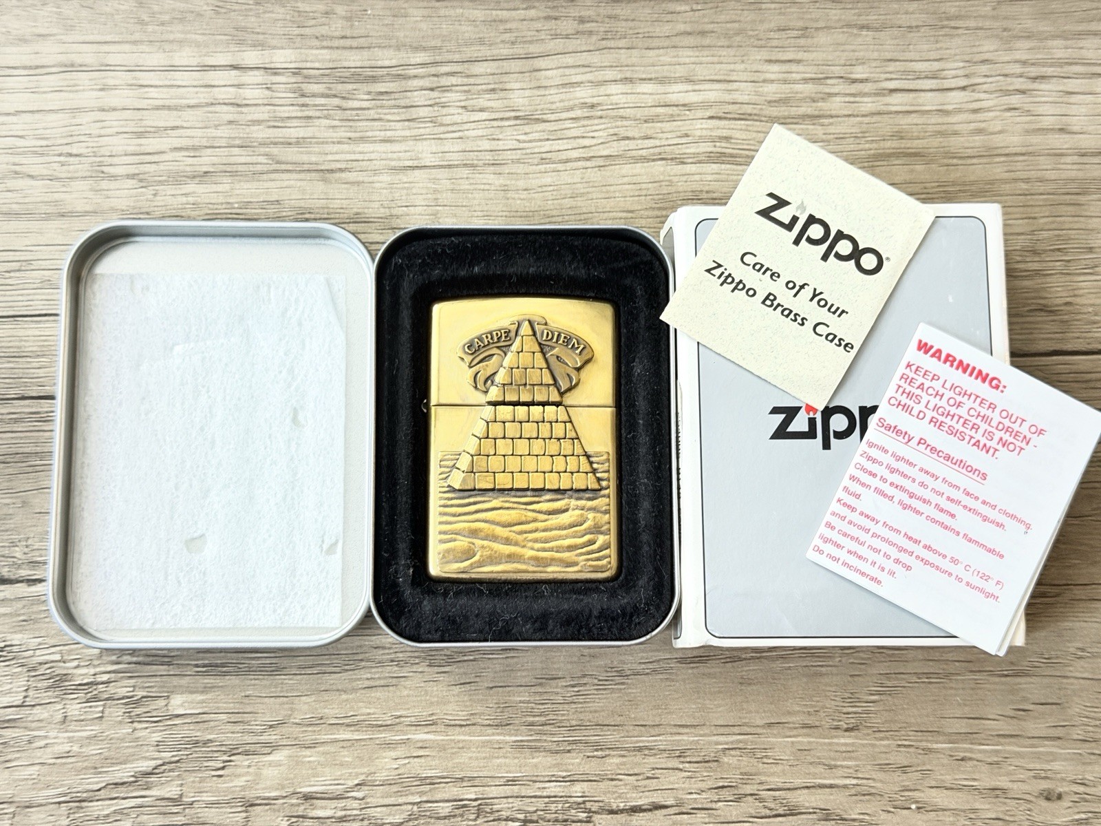 1996 Zippo PYRAMID SUPRISE, CARP DIEM BARRETT SMYTHE Brass/Gold, NEW MASON EYE