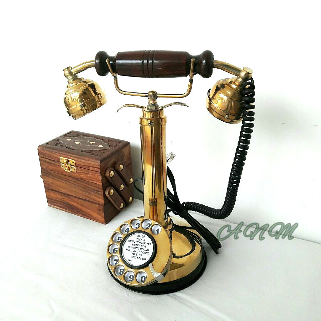 Antique Brass Royal Retro Design Telephone Rotary Dial Candlestick Collectible