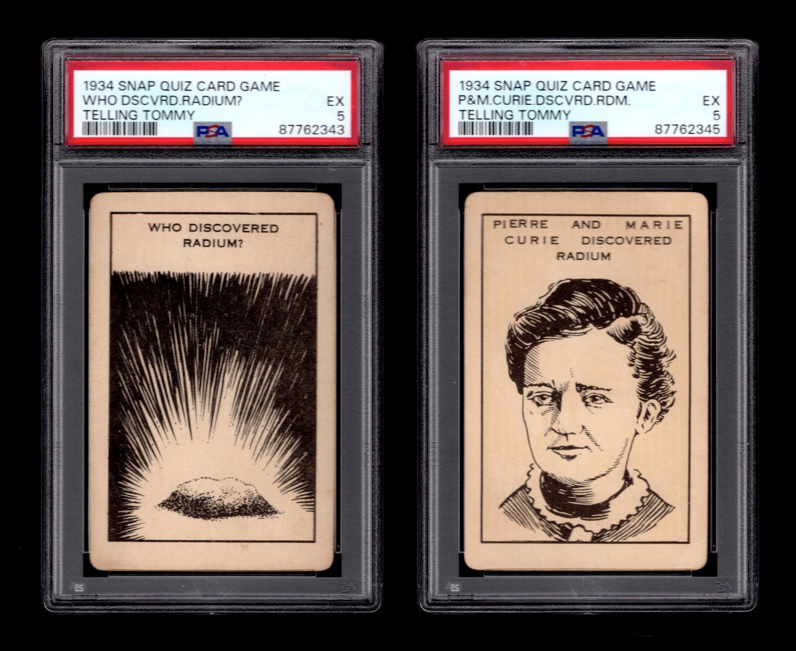 PSA 5 MADAME CURIE Two Spectacular 1934 Snap Quiz Cards