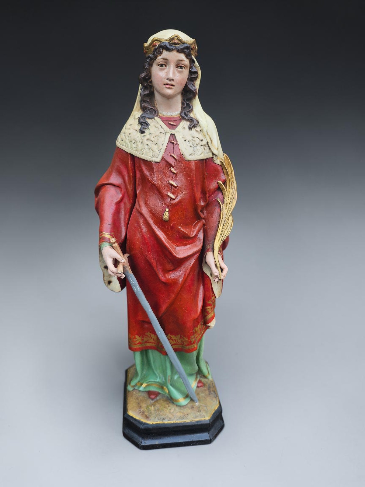 Antique St Catherine of Alexandria Statue Olot El Arte Cristiano Wood Paste
