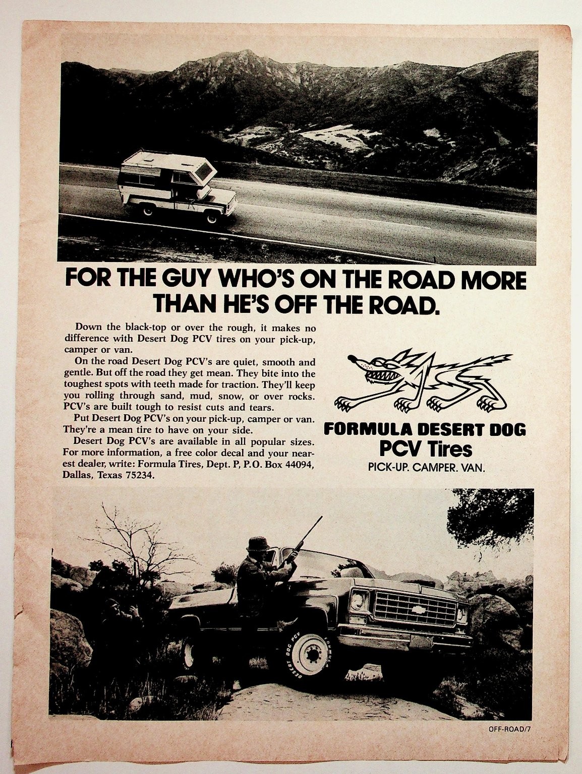 Formula Desert Dog Vintage Magazine Ad PCV Tires Truck Camper 1970s 1980s
