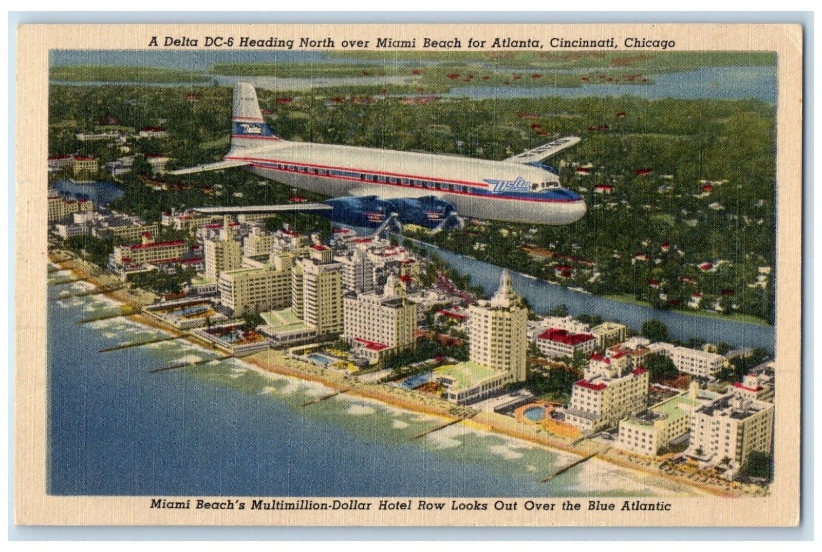 1953 Delta DC-6 Heading North Miami Beach Atlanta Cincinnati Chicago IL Postcard