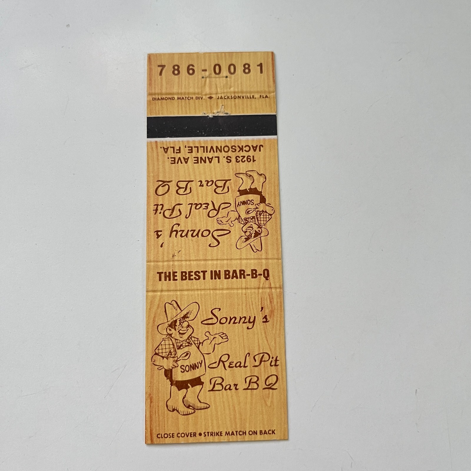 Sonny's Real Pit BarBQ S Lane Av Jacksonville FL Vintage Matchbook Cover 4MB75-4