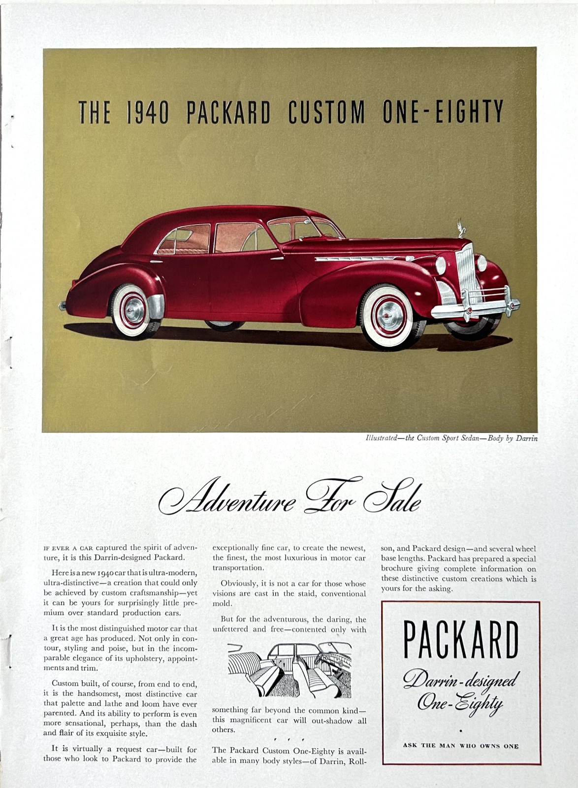 1940 Ad (9 3/4 X 13 1/4 inches) Packard 180 Custom Sport Sedan Darrin Body