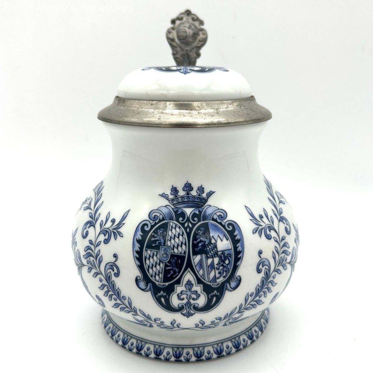 Salzburger Zinnstube Austria Lidded Beer Stein Porcelain Pewter Blue & White