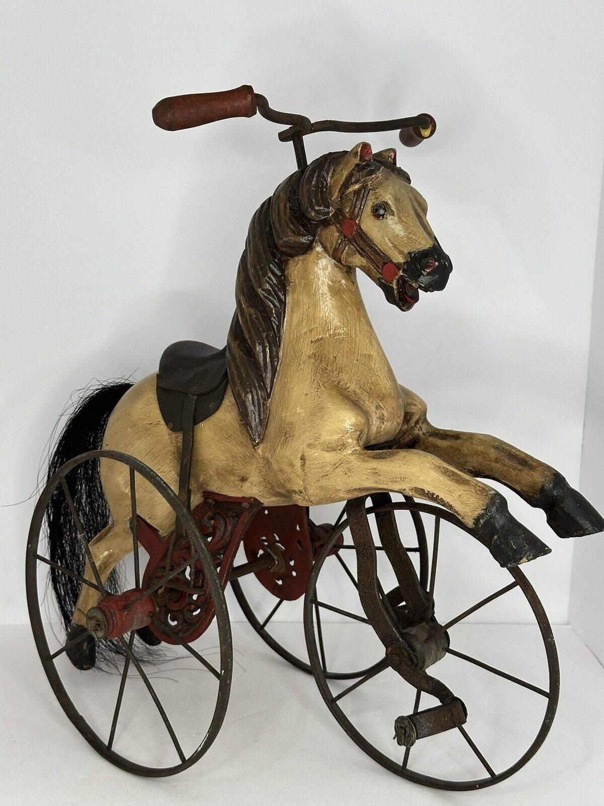 Antique Carved Wood & Iron Hand Carved Horse On Tricycle