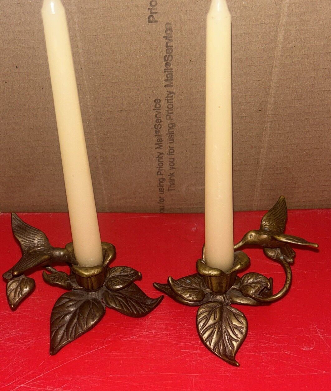 Silvestri Solid Brass Set Of Hummingbird Candle Holders And Candles.