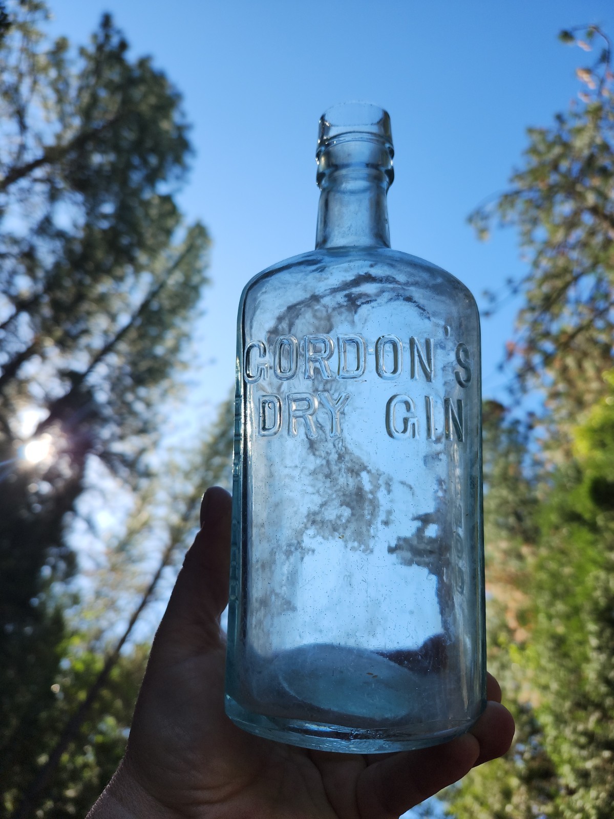 Vintage Antique Gordon\'s Dry Gin Aqua Glass Bottle Embossed  England  #BL-52