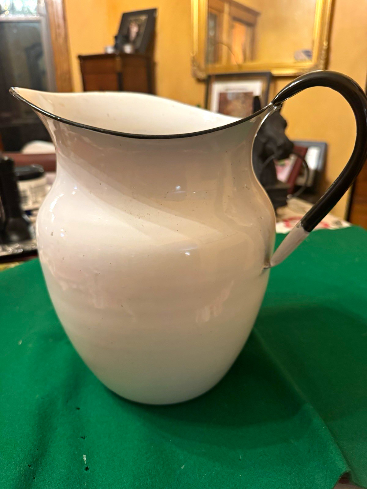 White/Black Glossy Enamel Metal Pitcher w/ Handle, 1 qt, 10 in Tall