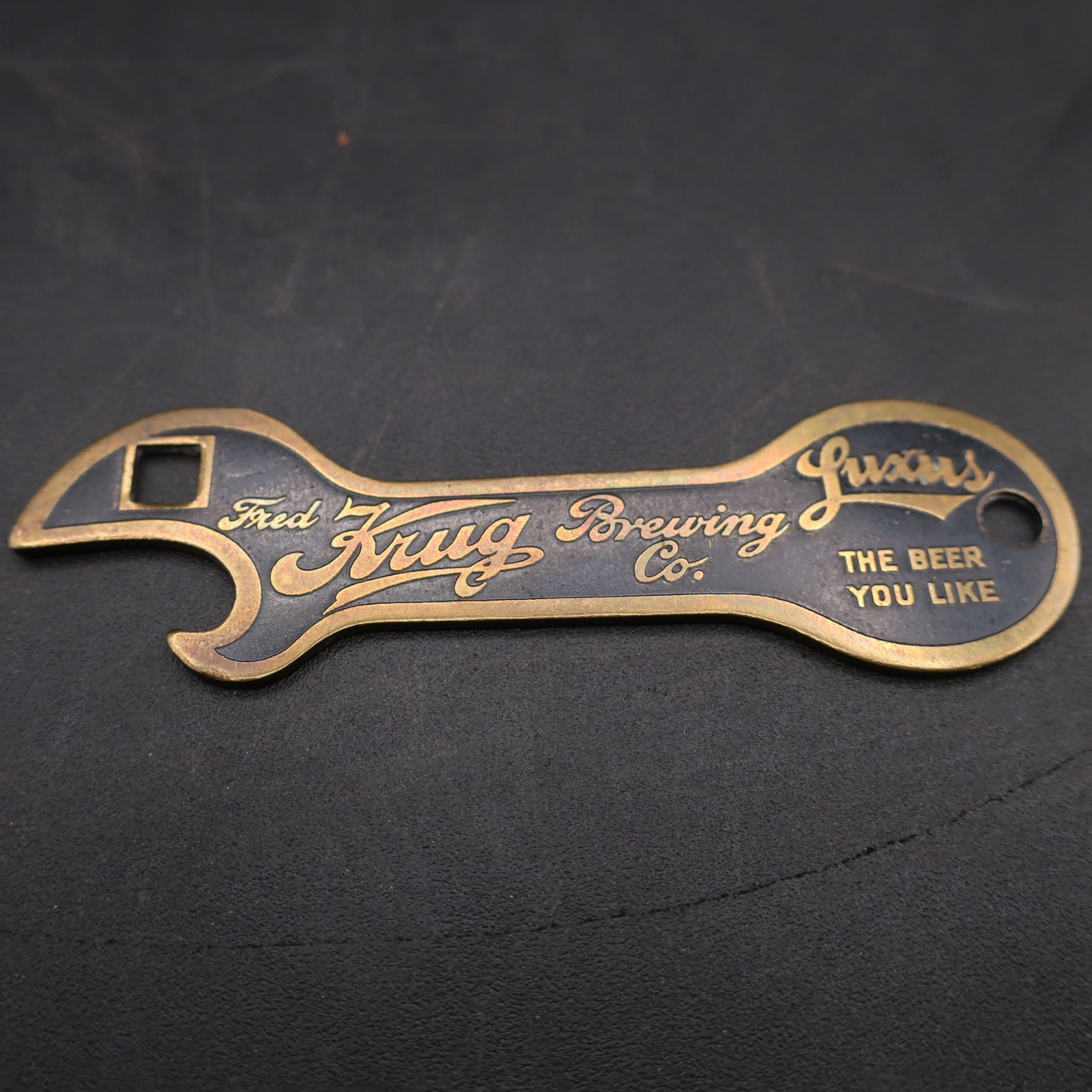 Rare Fred Krug Brewery Omaha NE Advertising Luxus Beer Brass Bottle Opener Key 1