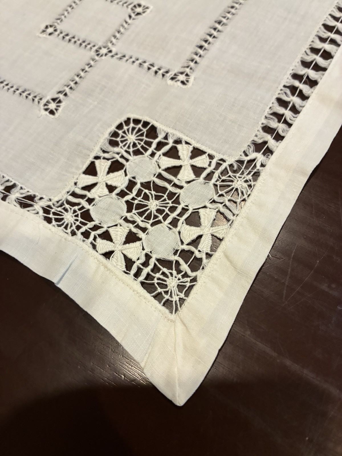 Vintage Italian Drawn Thread Work Linen Table Runner Needle Lace Insets 42x15