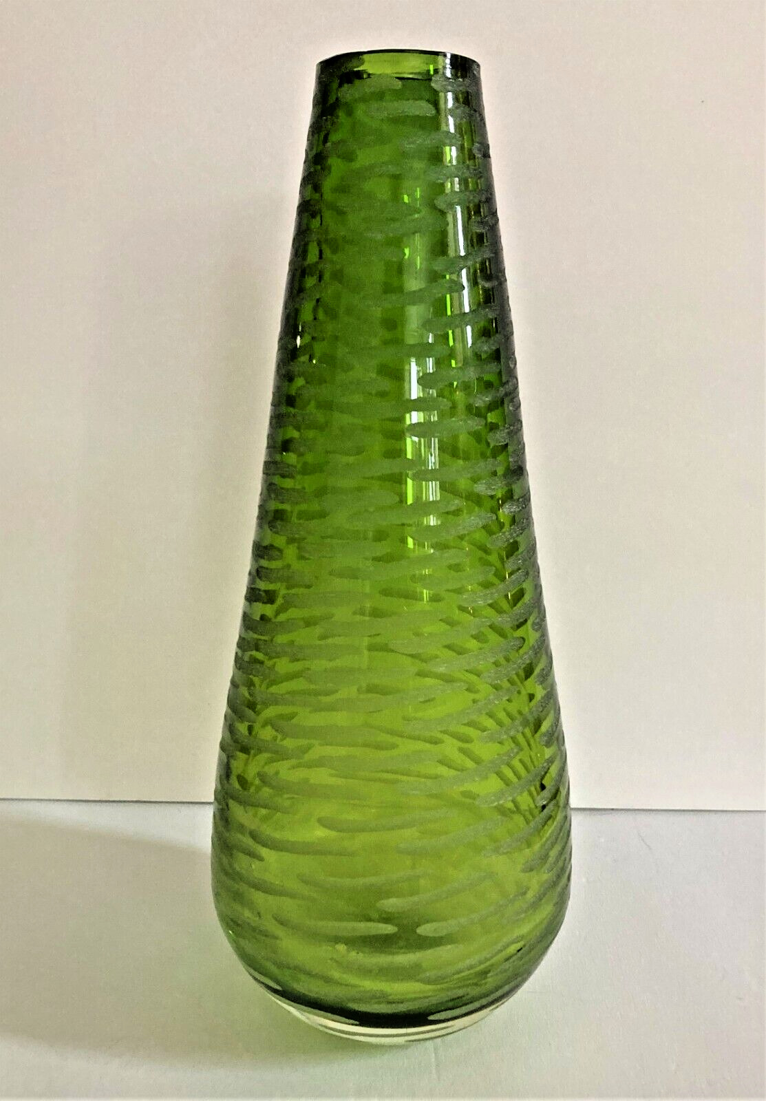 MCM Hand Blown Thick Glass Vase Green w/Etched Pattern RARE Vintage 11.5in. Tall