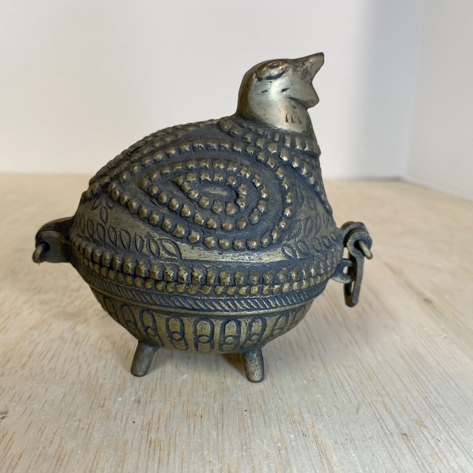 Vintage Cast Brass Dhokra Hinged Bird Trinket Box • 4.5\