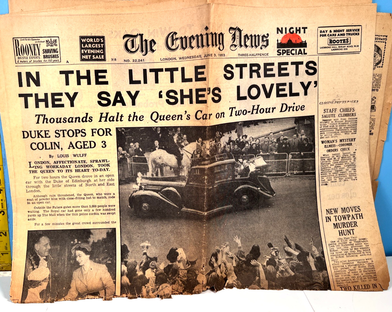 June 3 1953 The Evening News London England Queen's Car Drive About Newspaper