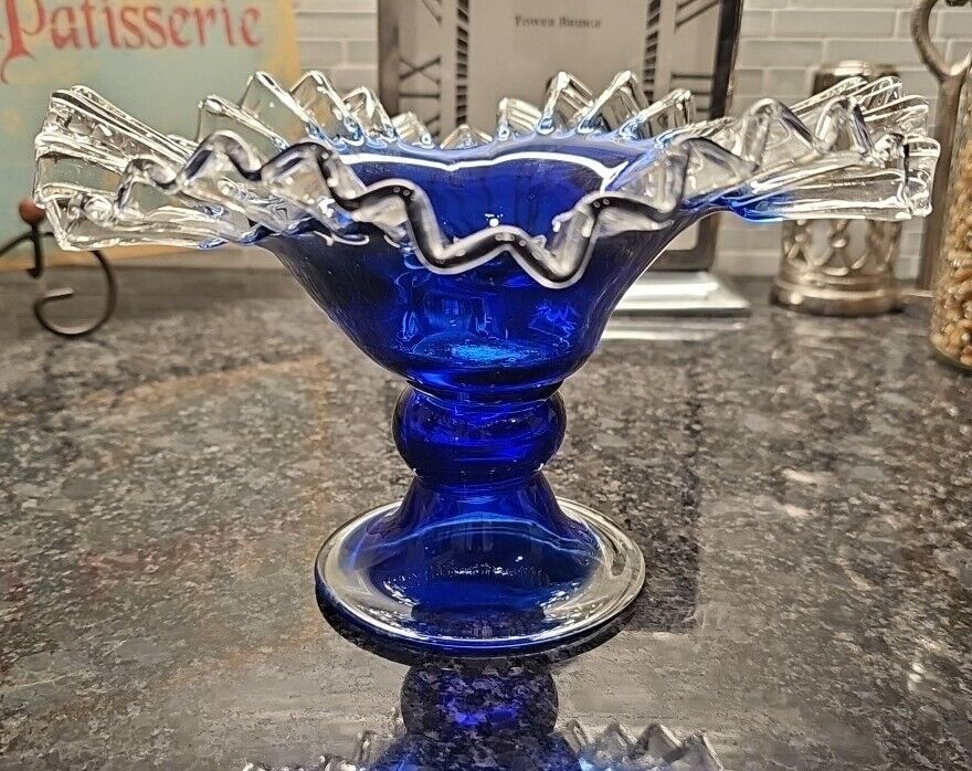 Cobalt Blue Art Glass Clear Fluted Ruffled Rim Edge Footed Pedestal Dish Compote