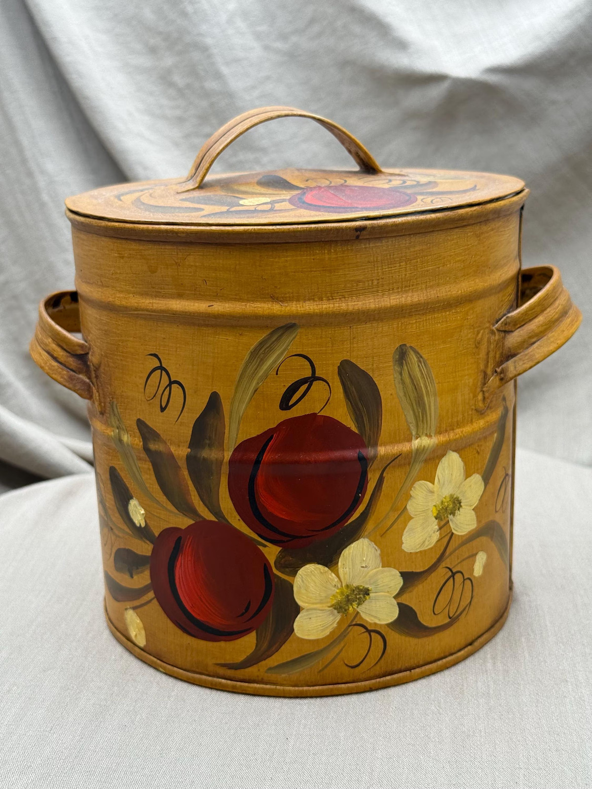Mary Walborn 1974 Tole Painted Metal Canister: Yellow Red Fruit Folk Art (Signed