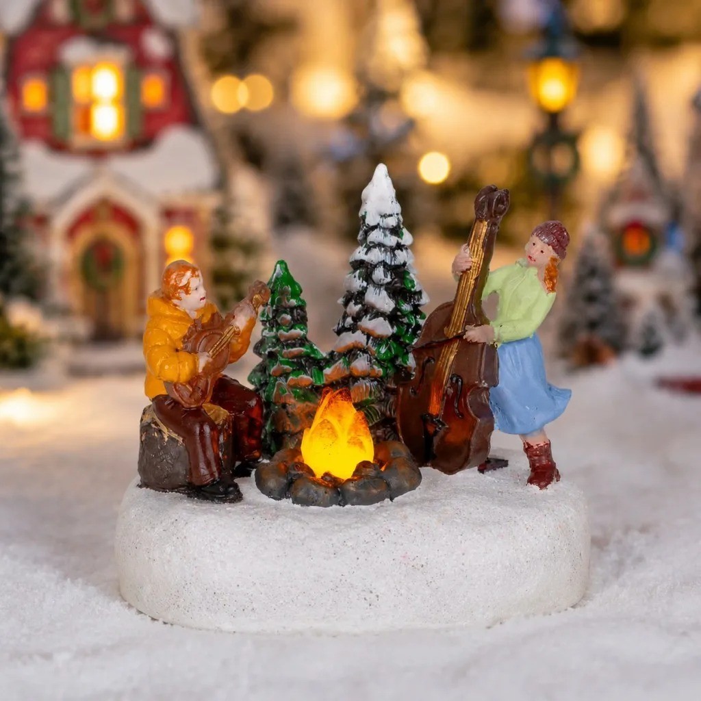 Lighted Christmas Village Campfire Scene Musical Hand Painted Winter Table Decor
