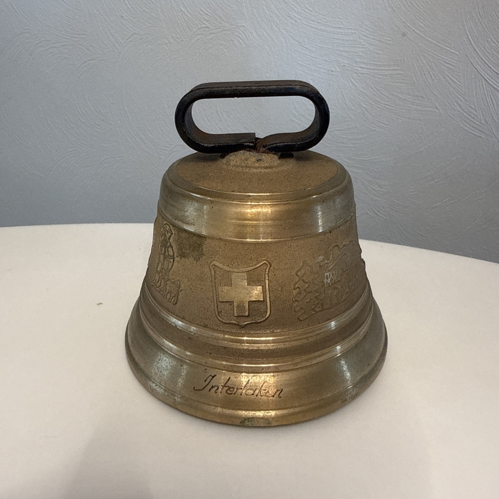 Rare Antique Swiss Made Cast Bronze Cow Bell Saignelegier Bell With Cross Heavy