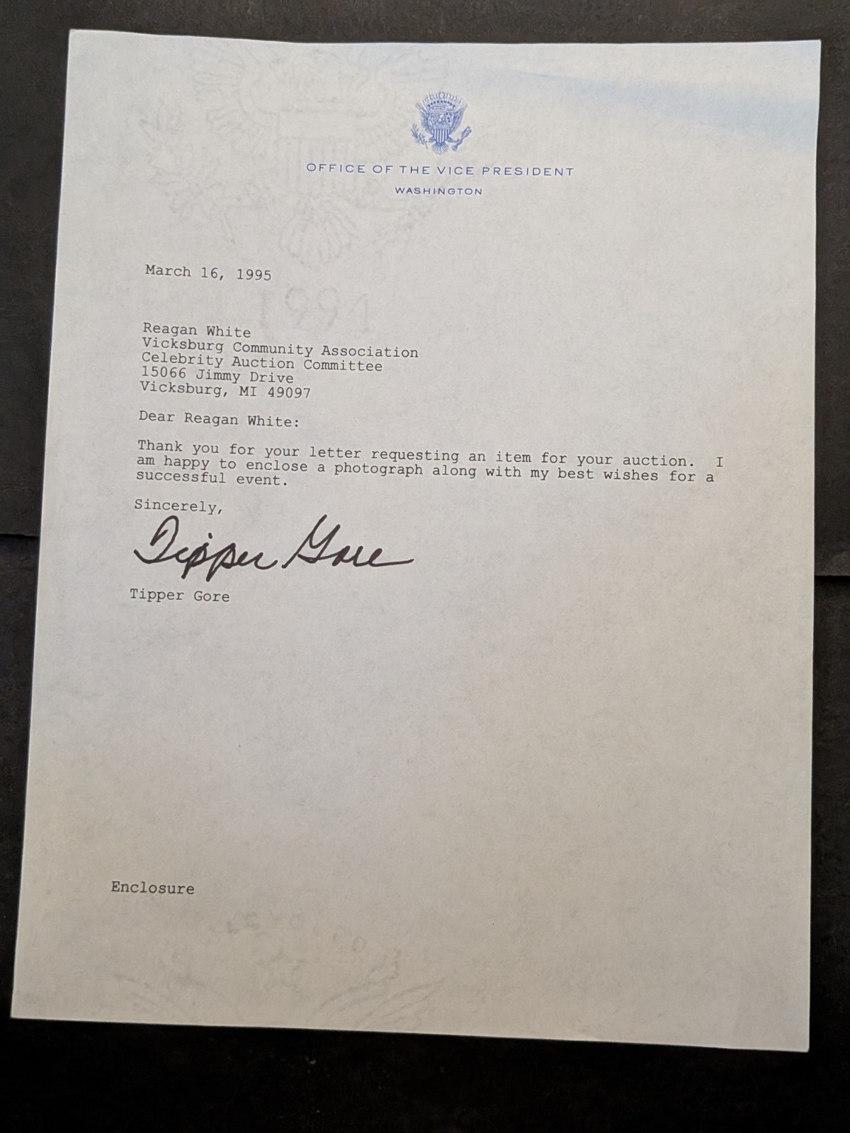Tipper Gore Signed Letter - Second Lady - Wife of Vice President Al Gore