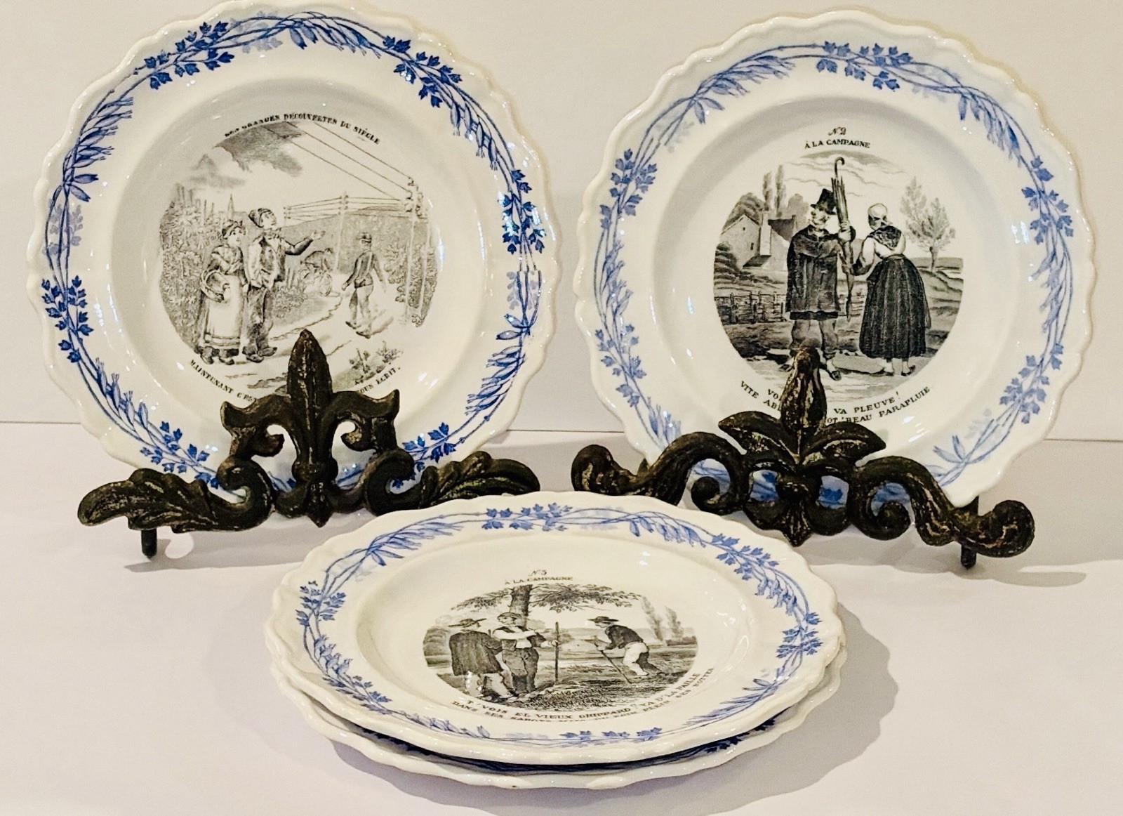 Antique Creil et Montereau French Plates Blue, Black & White ~ Set Of 4