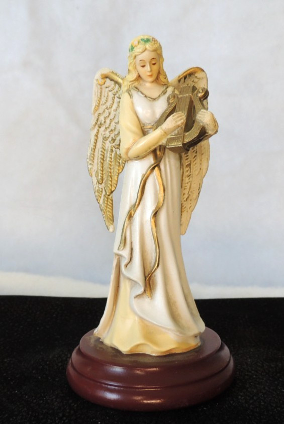 Vintage Estate Enesco Resin Angle with Harp on Wood Base