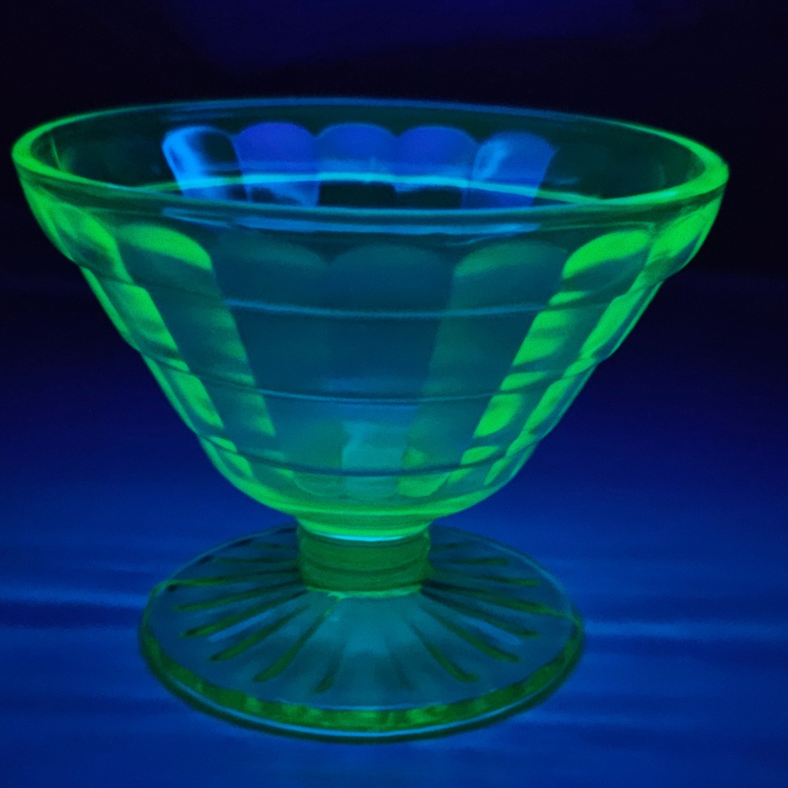 Hocking Block Optic Green Uranium Glass Glow Sherbet Cup Depression Era Art Deco