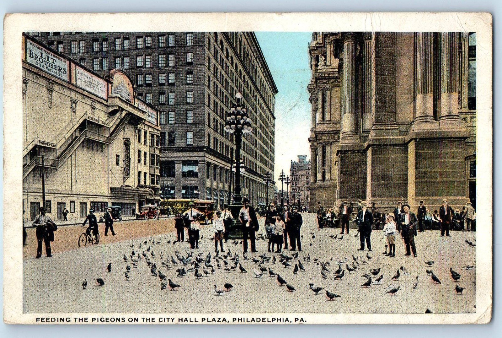 1921 Philadelphia Pennsylvania Postcard Feeding Pigeons City Hall Plaza Building