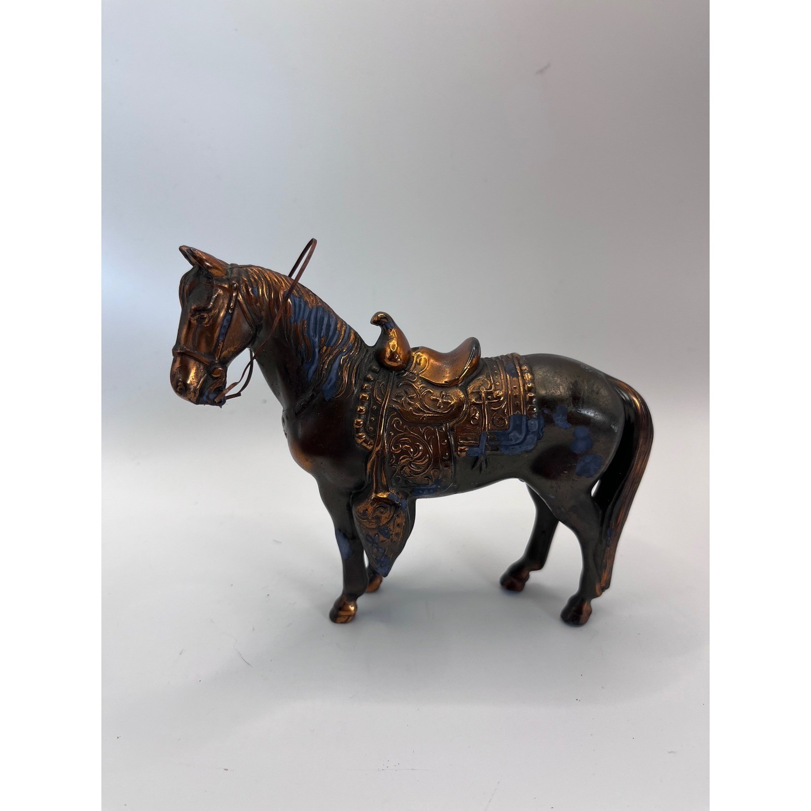 Vintage Copper Tone Cast Metal Horse Figurine Western Saddle Verdigris Patina
