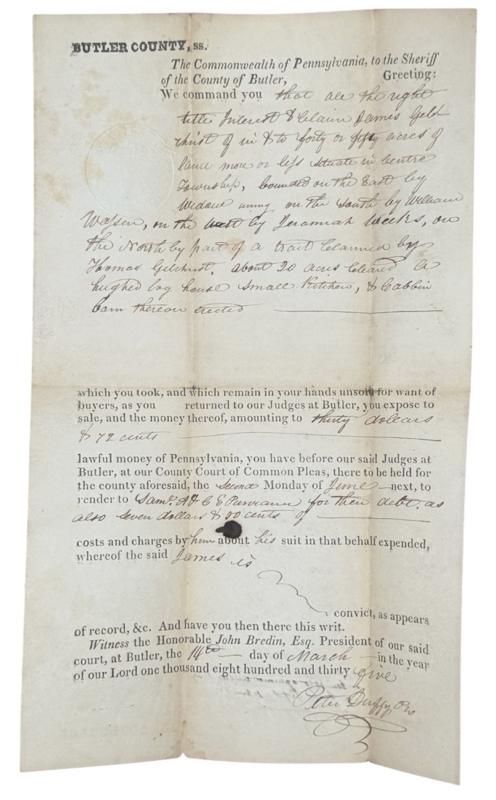 1835 Butler County PA Sheriff Writ Judgment - James Gilchrist Debt Case