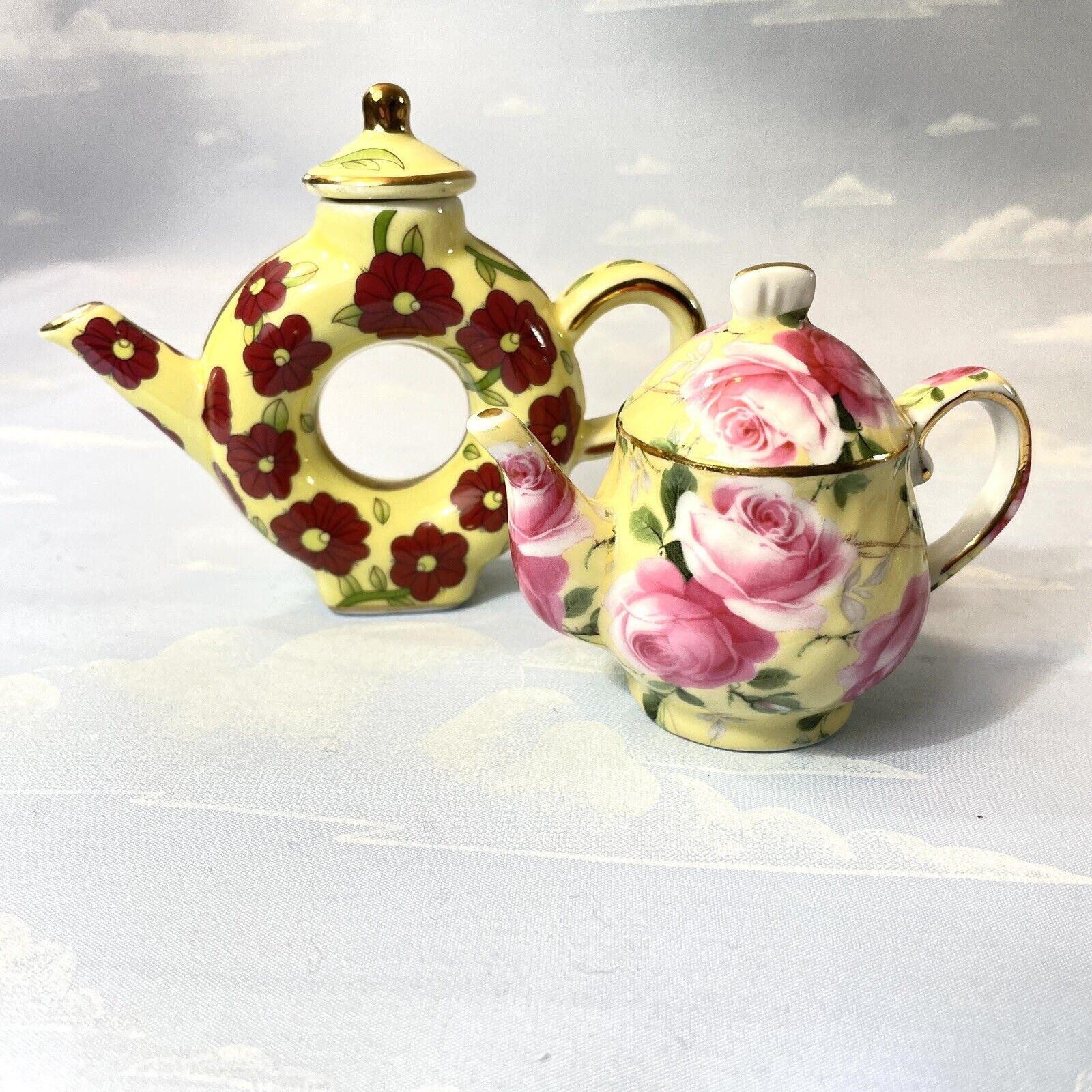 Miniature Tea Pots Ceramic Porcelain Floral Glaze Lot Of 2