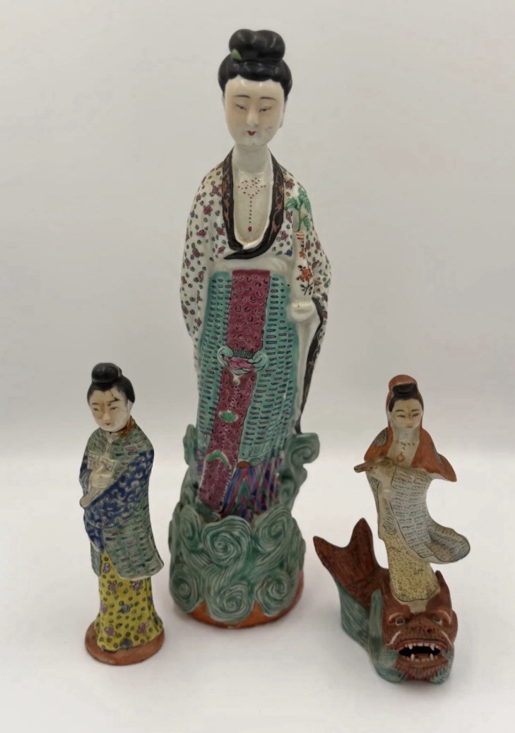 3-piece collection Chinese Famille Rose polychrome porcelain figurines