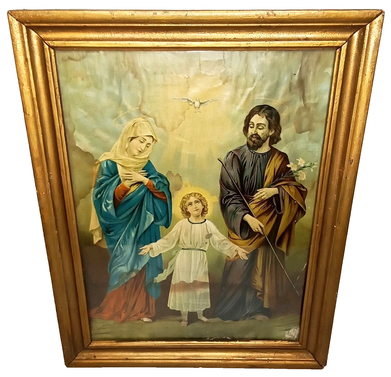 Antique 1930s Framed Lithograph The Holy Family  Mary & Joseph Jesus As A Child