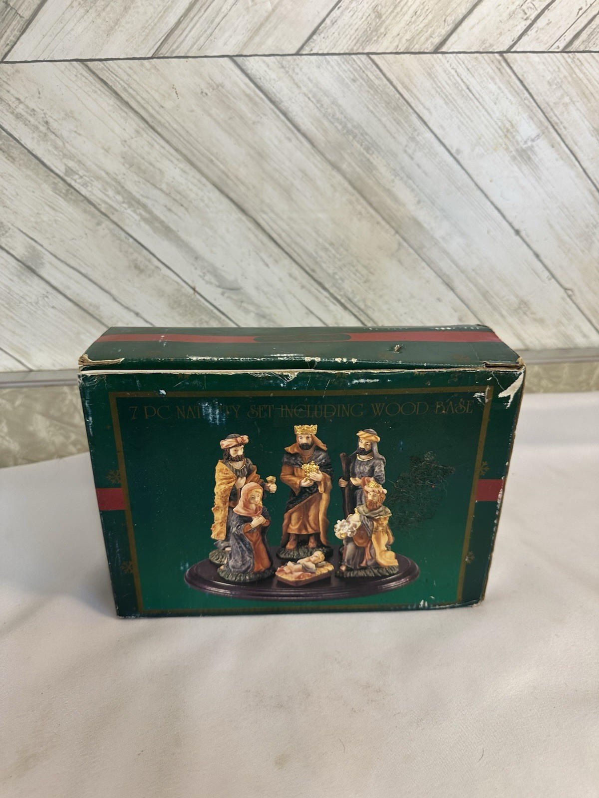 Vintage Kirkland\'s 7 Pc Nativity Set Wood Base Original Box Christmas 034468