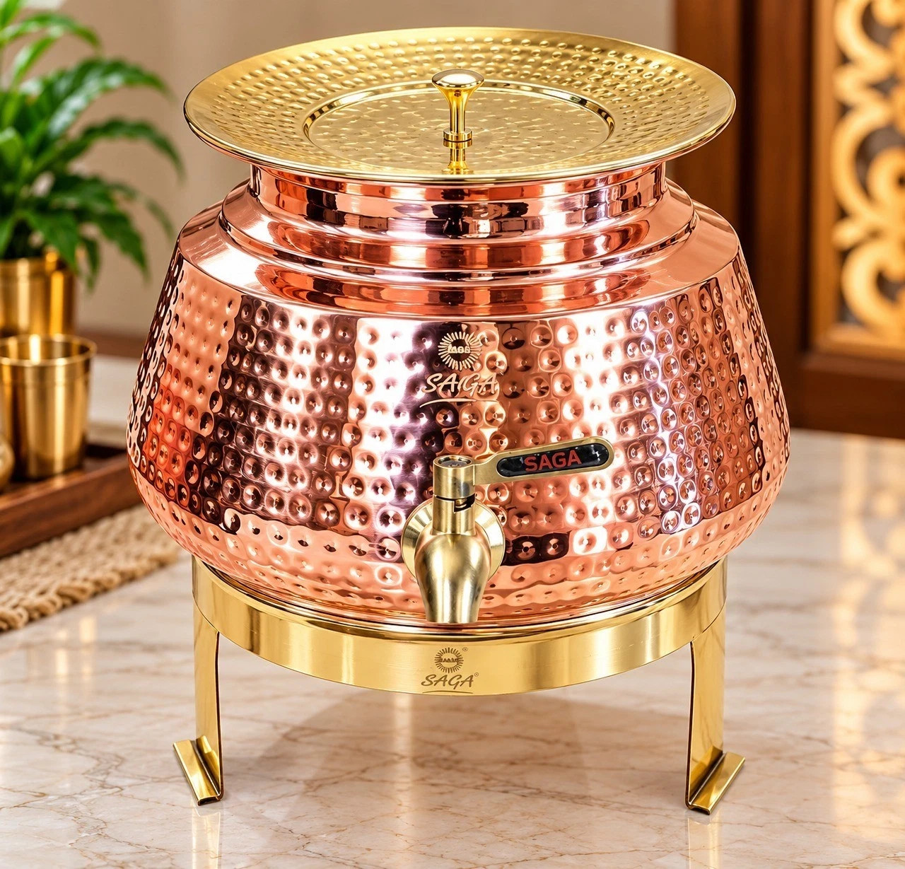 Pure Copper Water Dispenser Matka 6 Lt Hammered Container Pot with Brass Stand