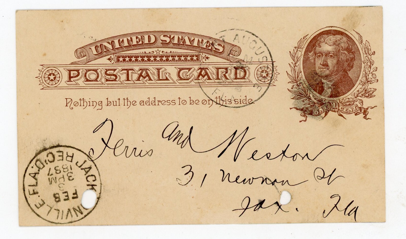1887 Antique U.S. Postal Card Thomas Jefferson Jacksonville St. Augustine FL