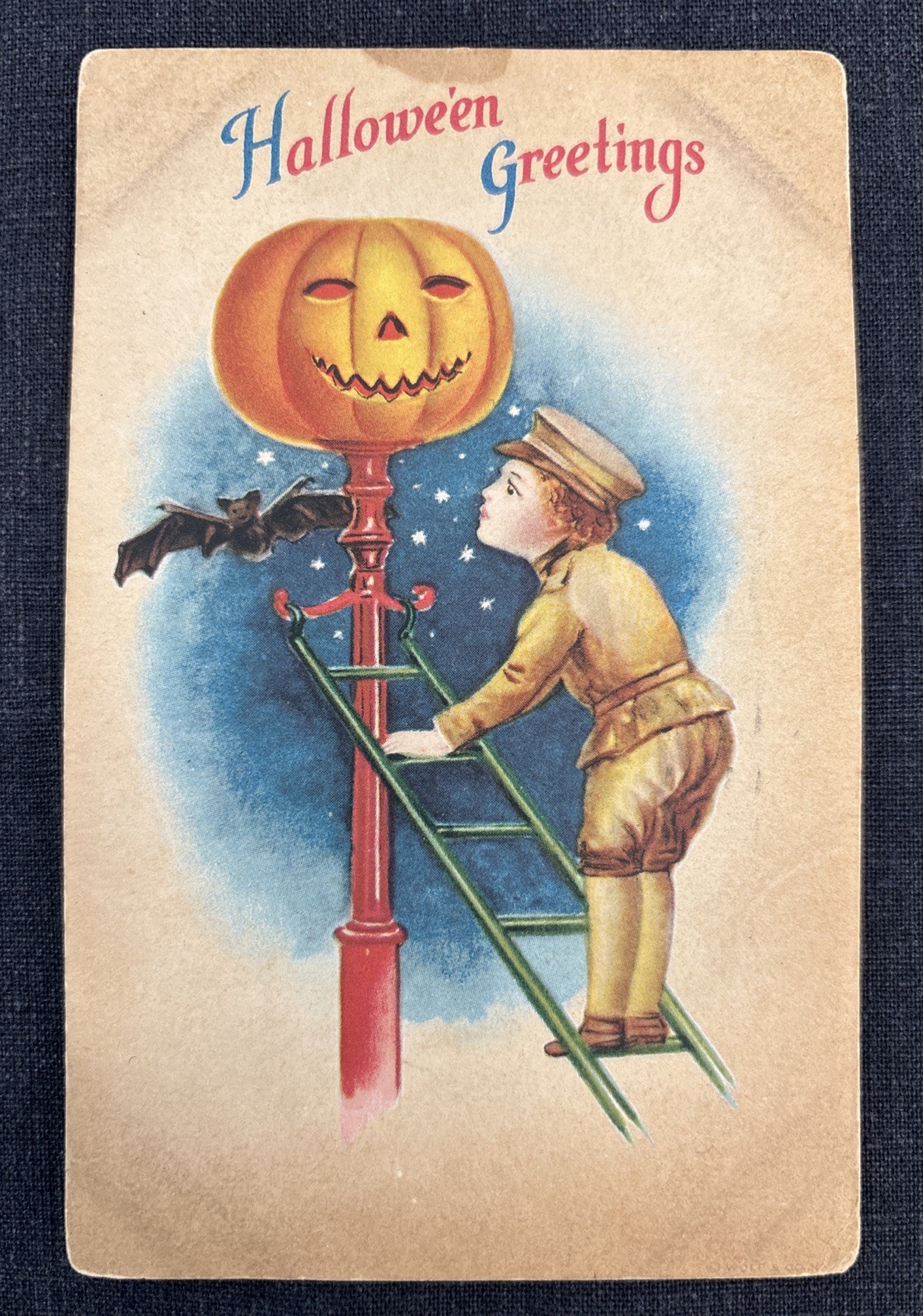 Vintage 1919 Halloween Greetings Postcard Wolf & Co Soldier Boy Ladder Bat JOL