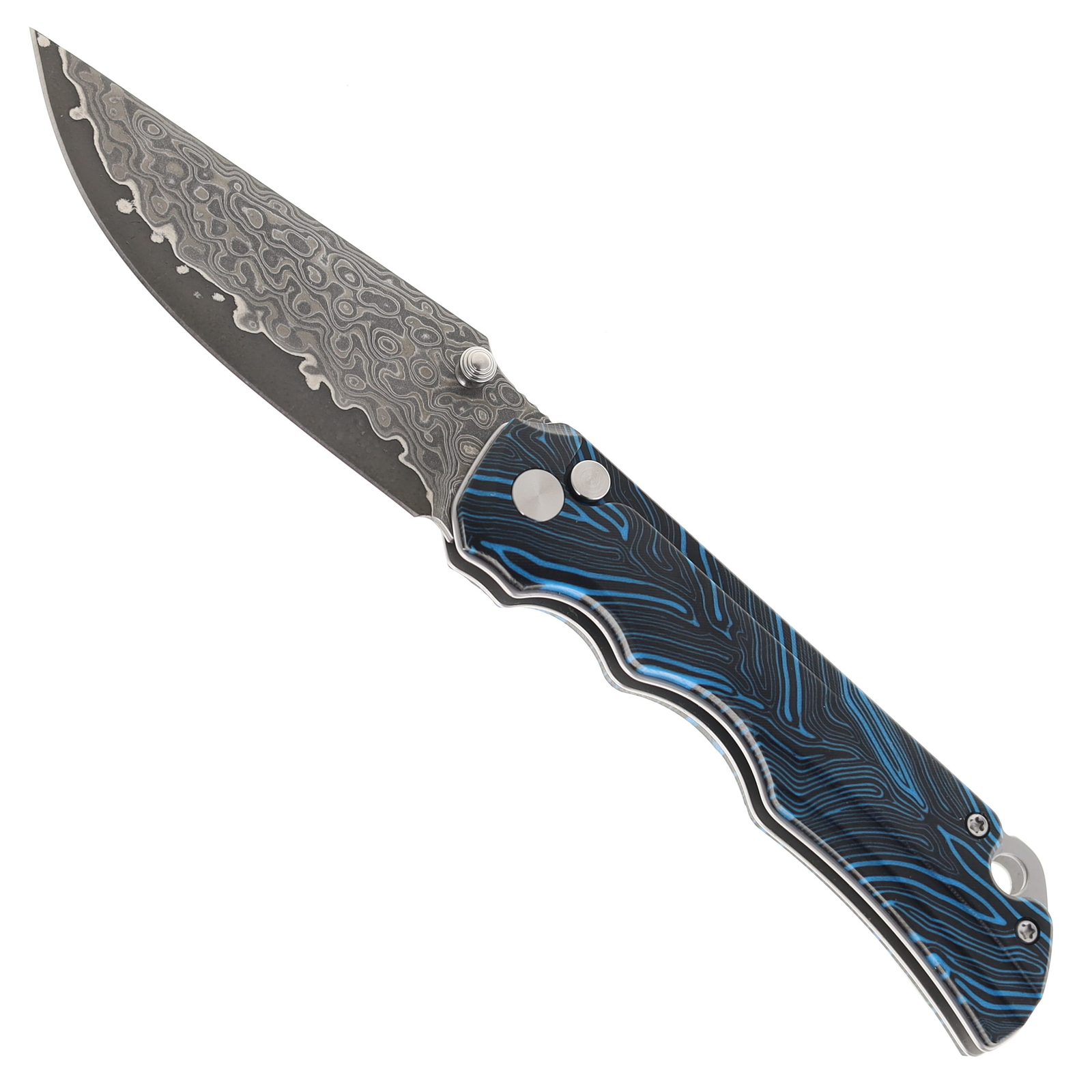 Two Sun Folding Knife Blue/Black G10 Handle Damascus Clip Point Plain Edge TS598