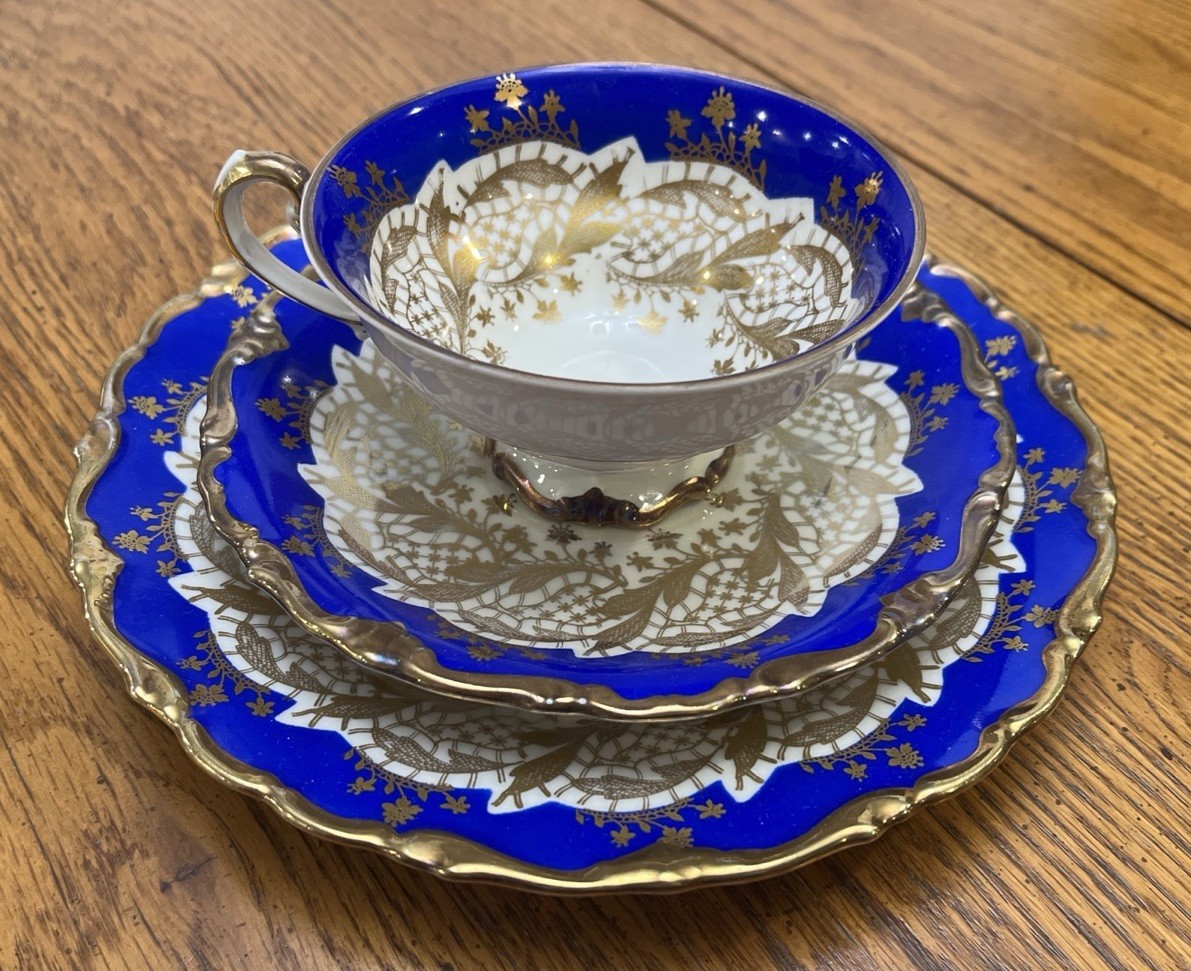 Vintage Alka Bavaria Apart We Trio Tea Cup, Saucer, Dessert Plate Raised Gold
